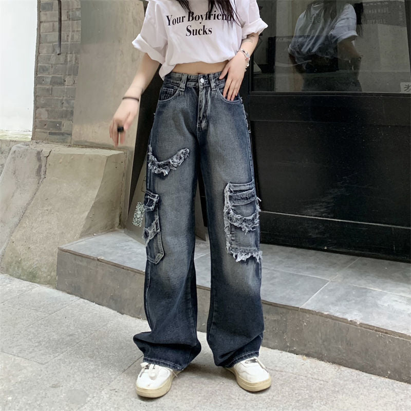 High Street Vintage Jeans Women's Summer Washed Worn Harajuku Straight Drooping Wide Leg Pants