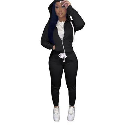 Women's Solid Color Slim-fit Hood Sweatshirt Drawstring Two-piece Set