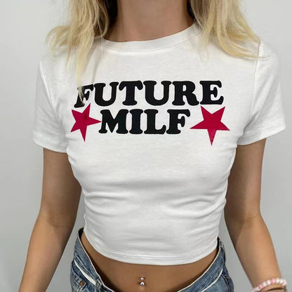 Wind Women's Trend Short Tight Letter Print T-shirt Hot Girl Tops Female