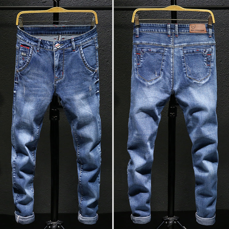 Autumn And Winter Men's Jeans Casual Fleece-lined Thickened Elastic Youth Slim Fit  Feet Pants