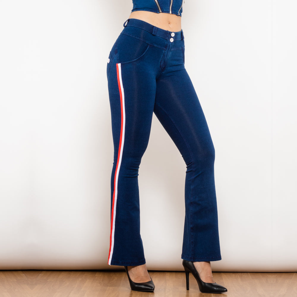 Shascullfites Melody Fashion White Red Side Stripe Flare Jeans Butt Lifting Female Casual Elasticity Dark Blue Denim Bell Pants