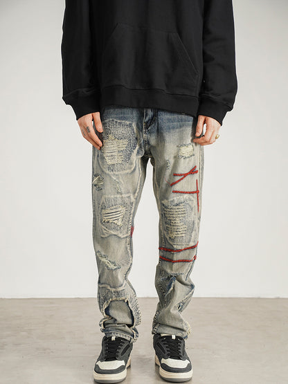 Patched Red Line Straight-leg Jeans