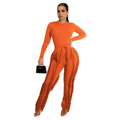 Women's Tassel Lace Jumpsuit Solid Color Sports Two-piece Suit