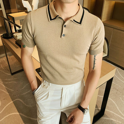 New Solid Color Lapel Knitted Men's Pullover Short Sleeve Polo Shirt