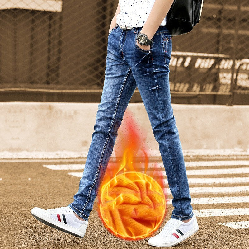 Autumn And Winter Men's Jeans Casual Fleece-lined Thickened Elastic Youth Slim Fit  Feet Pants