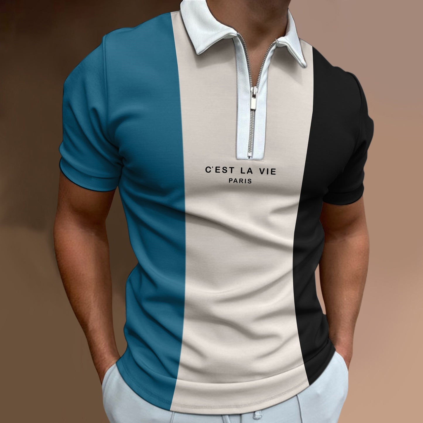 Men's Summer Polo Zipper Color Matching Sports Polo Shirt