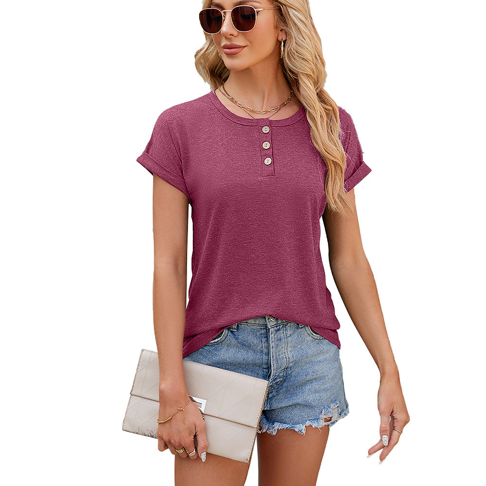 Women's Summer Solid Color Round Neck Button Loose T-shirt