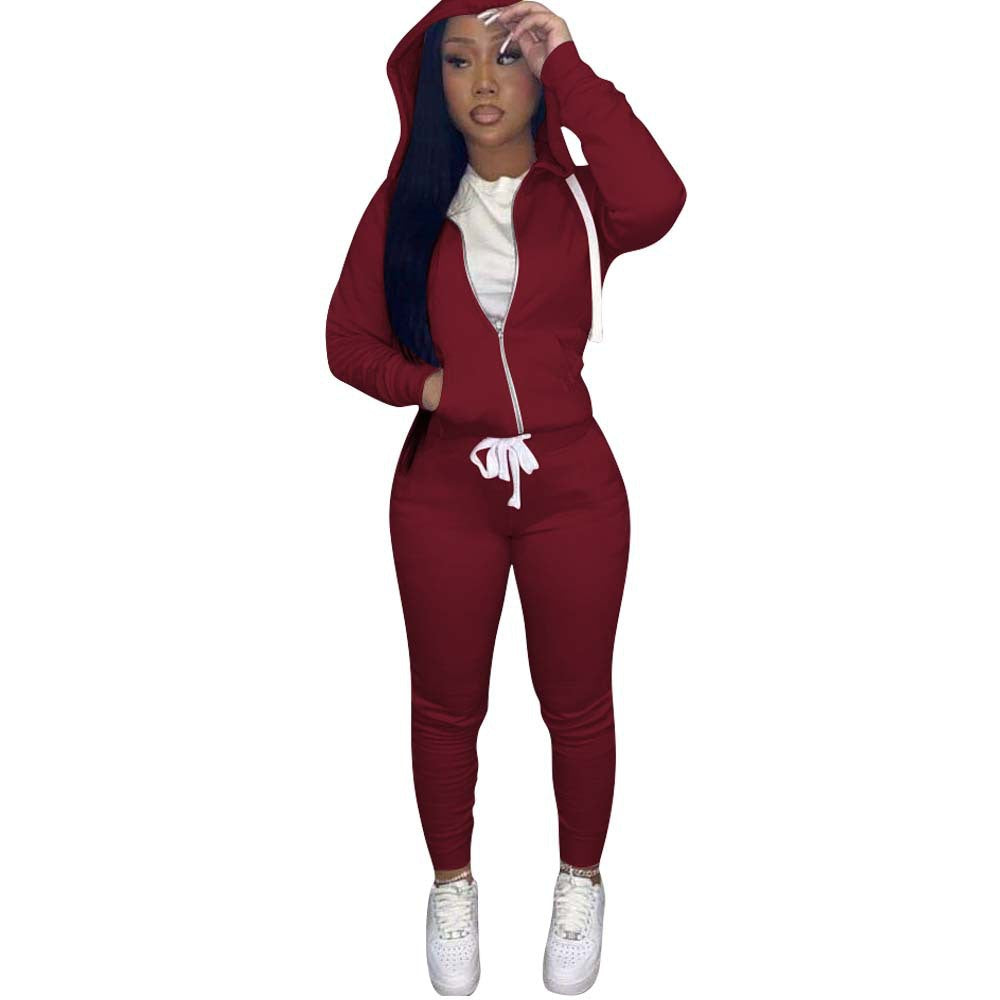 Women's Solid Color Slim-fit Hood Sweatshirt Drawstring Two-piece Set