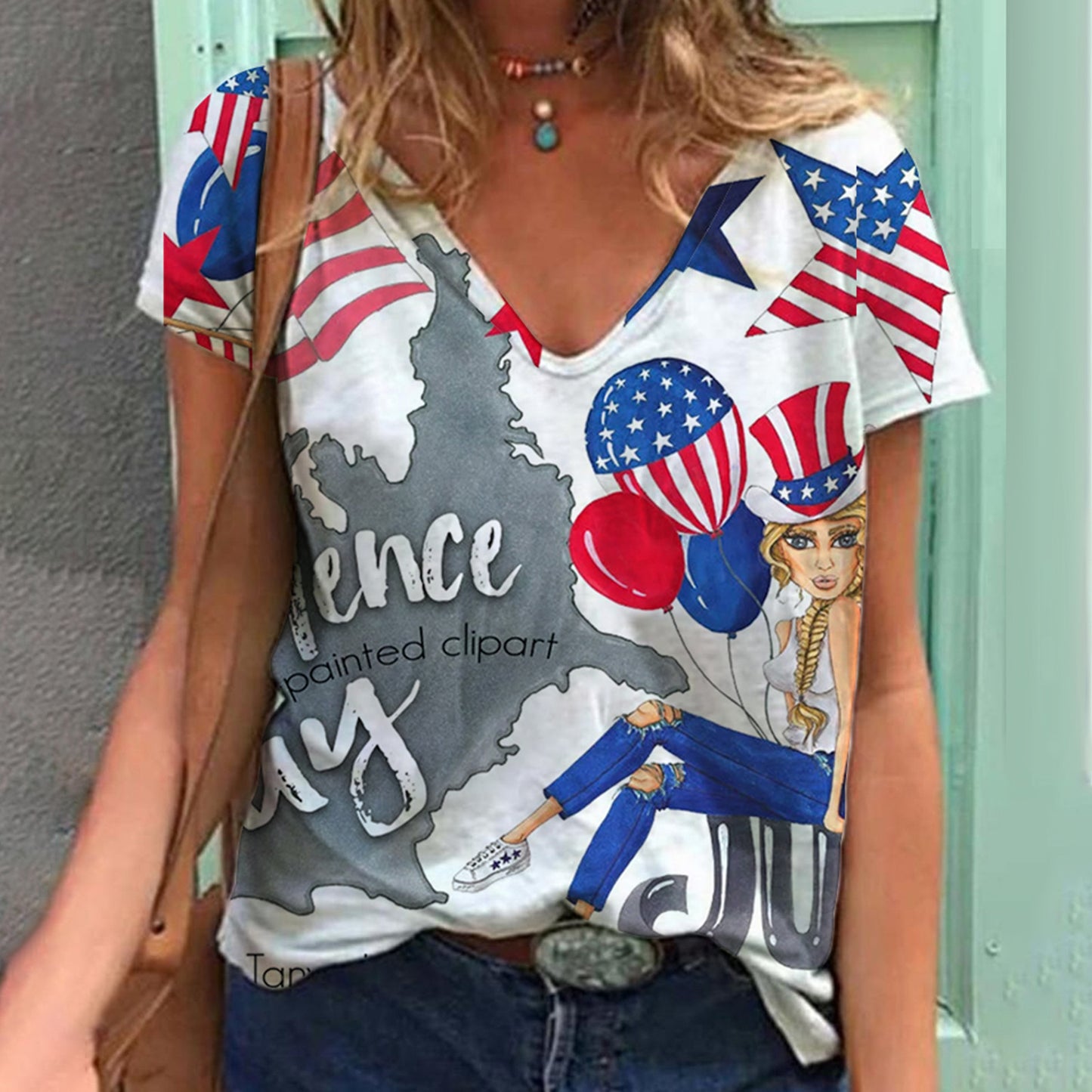 Printed V-neck Women's Short Sleeve Summer