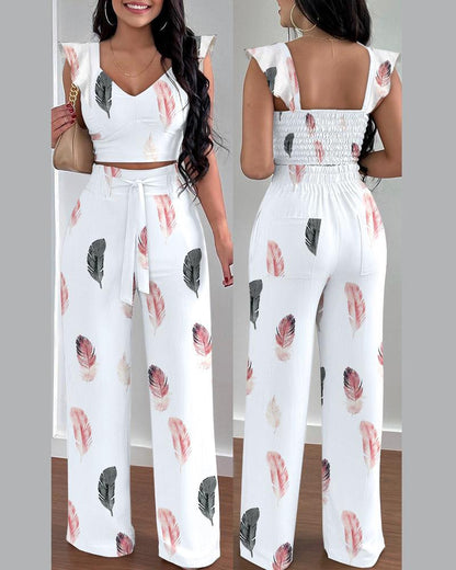 Monsoon Temperament Women's Printed Polyester Trousers Sleeveless Fashion Casual Set