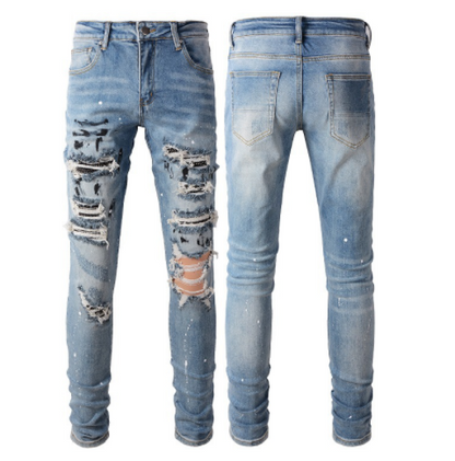 Splash Ink Graffiti Diamond Men's Jeans Ripped Holes Paint Stretch Slim Fit