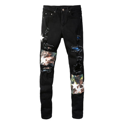 White Star Print Patch Ripped Stretch Slim Black Jeans For Men