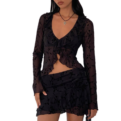 Lace Mesh Solid Color Short Skirt Suit Two-piece S