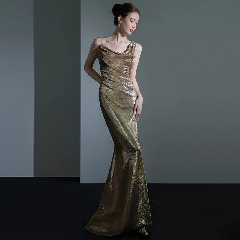 Fishtail Evening Dress For Women Elegant Sequins Annual Meeting Sexy Backless