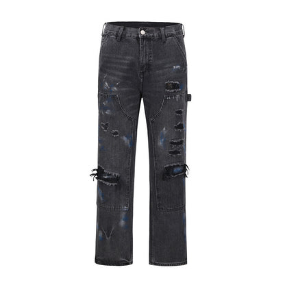 Washed Ink Splattered Ripped Black Zip-Up Jeans