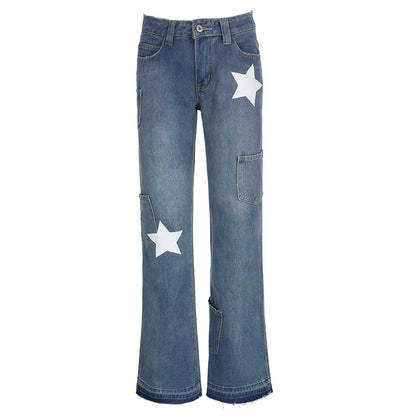 American Retro Star Print Asymmetric Jeans Women