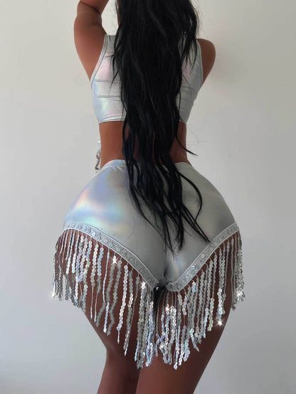 Sexy Tassel I-shaped Vest Laser Tassel Shorts Two-piece Set