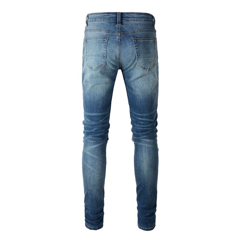 Patched Leather Pleats And Patchwork For Old Washed Light Colored Jeans For Men