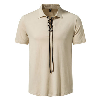 Solid Polo Neck Lace Up Casual Pocket Short Sleeve