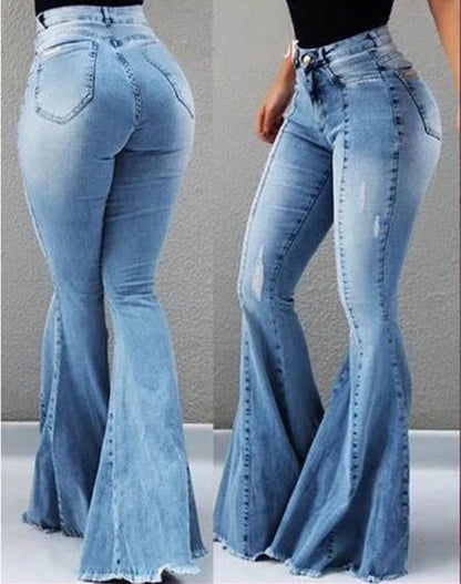 Elastic High Waist Ripped Denim Bell-bottom Pants Women