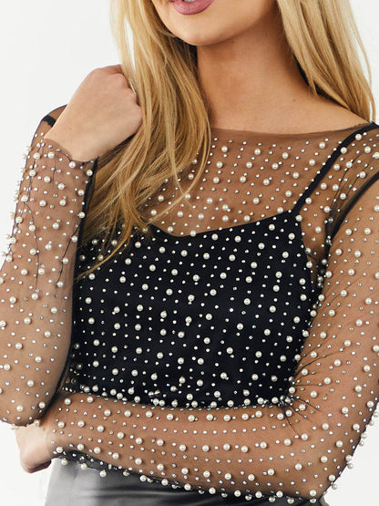 Slim-fit Slimming Bottoming Shirt Rhinestone Mesh Long-sleeved Top