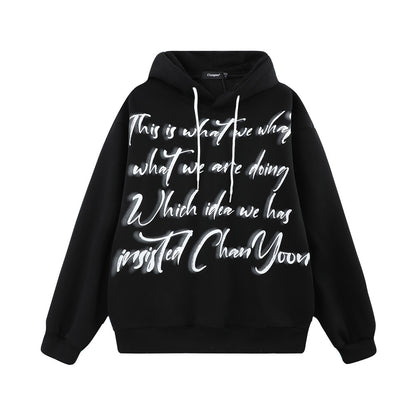 Men's Winter Dark High Street Design Art Letter Print Loose Hooded Pullover