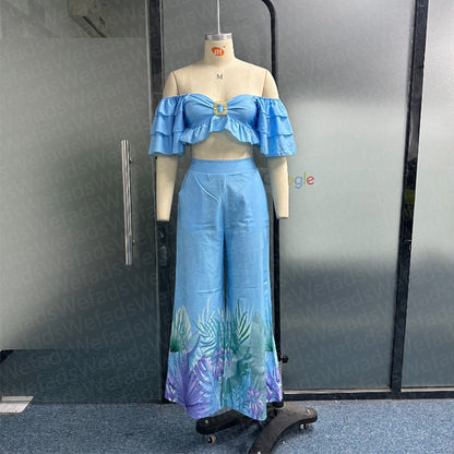 Two-piece Casual Off-shoulder Solid Off-shoulder Ruffled Sleeves High Waist Top Wide Leg Printed Pants Suit Streetwear