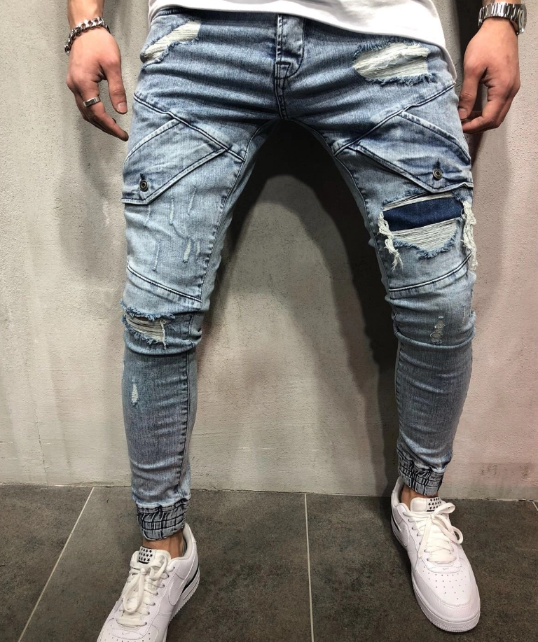 Cross-border foreign trade explosion models new men's slim jeans black hole men's denim beam blue feet pants