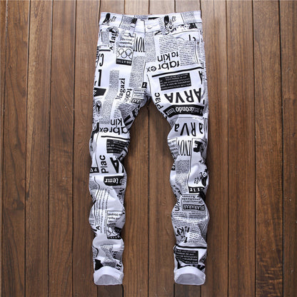 Men's thin white printed letters jeans