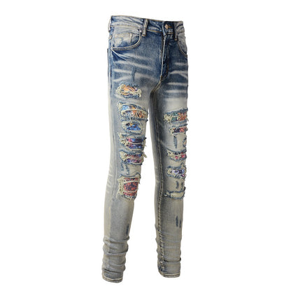 Iridescence Printed Patch Worn Baby Blue Jeans Male