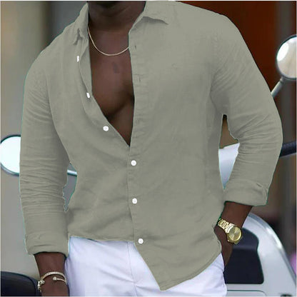 Cotton And Linen New Men's Long-sleeved Shirt Solid Color Casual Polo Collar Shirt