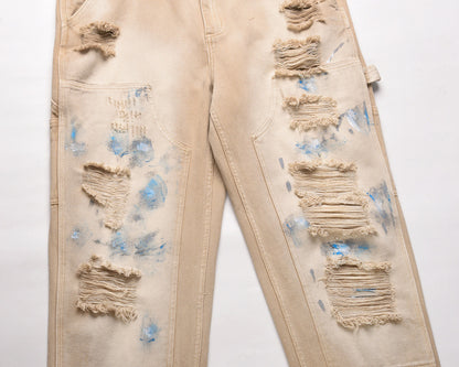 High Street Washed Ink Splattered Yellow Mud Zip-Up Jeans