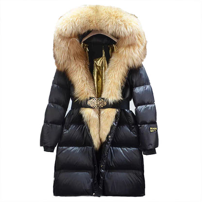 Extended Black Golden Lock Warm Real Fox Fur Big Fur Collar Duck Down Down Jacket