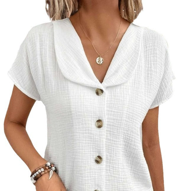 Solid Color Fashion Short Sleeve Cardigan Button Women's Top