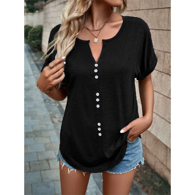 Women's Clothes Hot-selling V-neck Buttons Short Sleeve Top