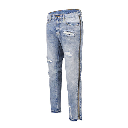 Men's and Women's Side Zipper Jeans with Holes