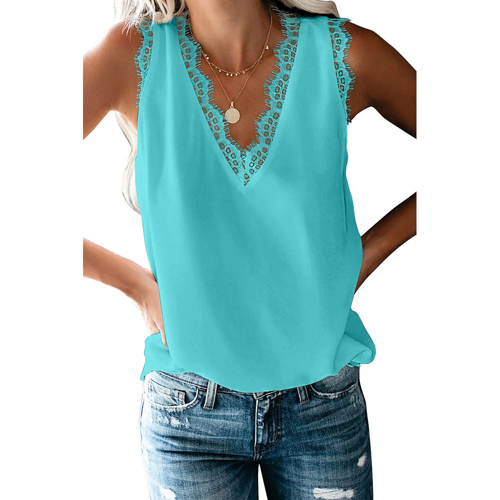 Bottoming Vest T-shirt Women's Summer European And American V-neck Lace Sleeveless Loose Top 253064