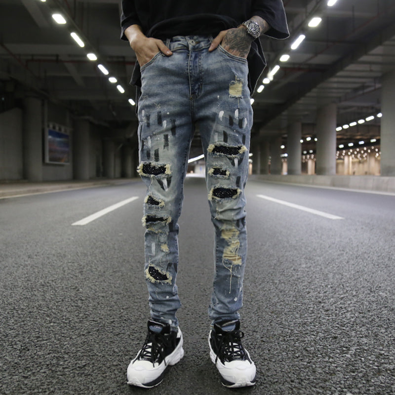 Europe and the United States high street style heavy craft hole patch patch brick sequins stretch Slim feet jeans