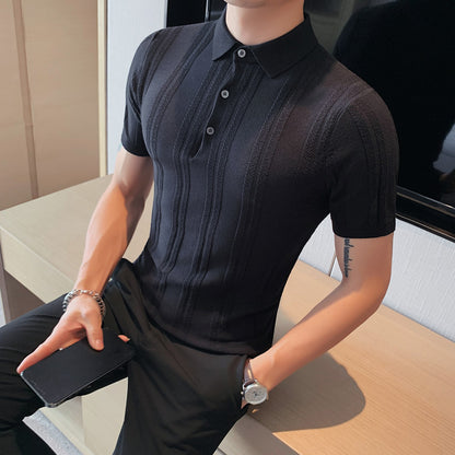 Short-sleeved Knitted Polo Men's Textured Stretch Lapel T-shirt