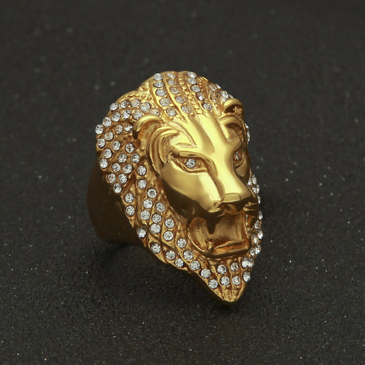 Domineering Retro 18k Gold-plated Diamond Lion Head King Oversized Ring Male Trend