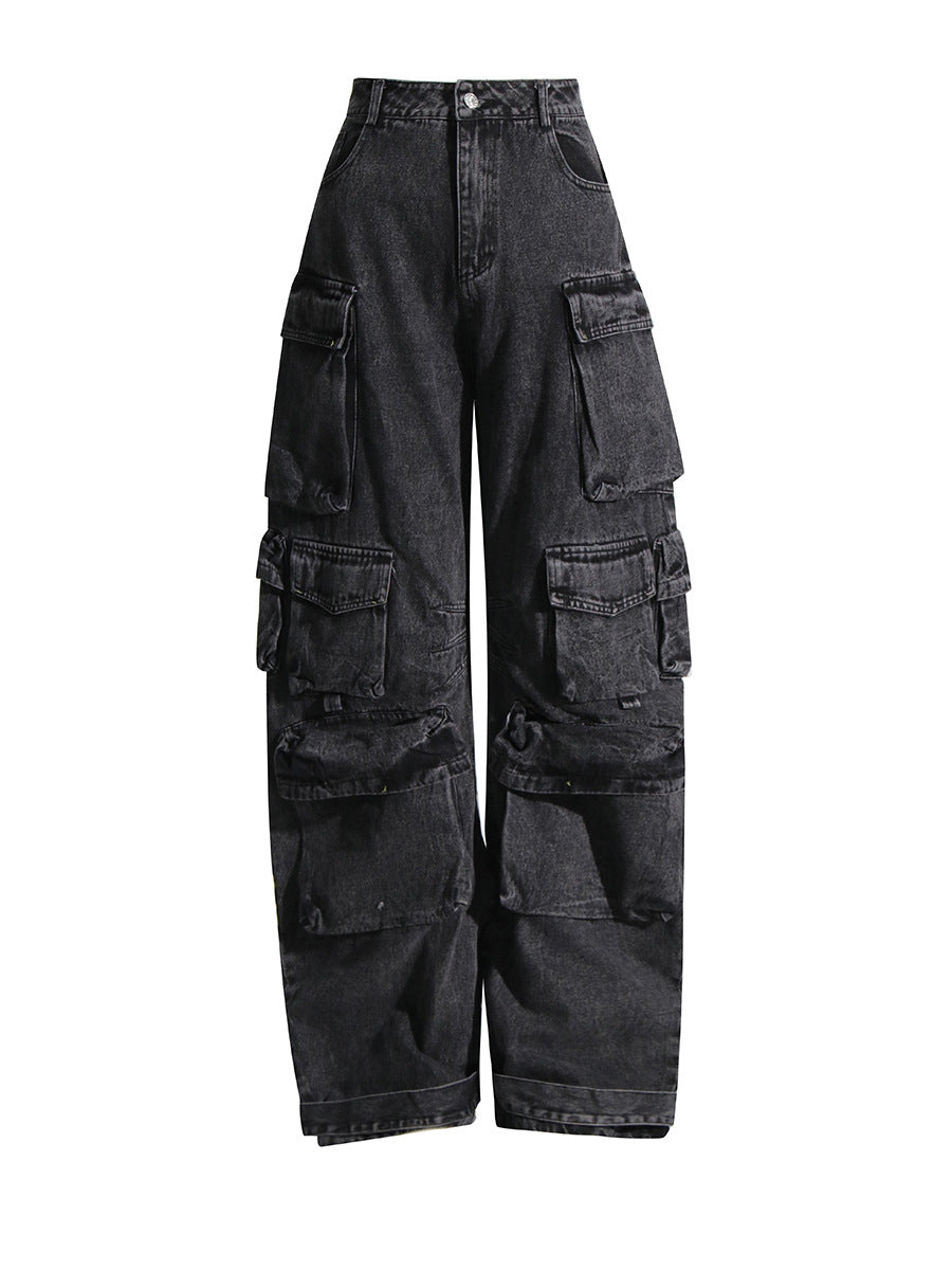 Solid Color Distressed Stitching Multi-pocket Cargo Pants