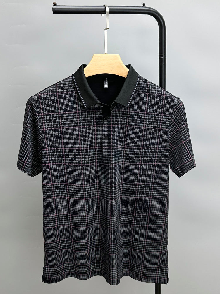 Summer Thin Section Traceless Shirt Collar Plaid Printed Clothing For Middle-aged Dad Half Sleeve Polo Shirt