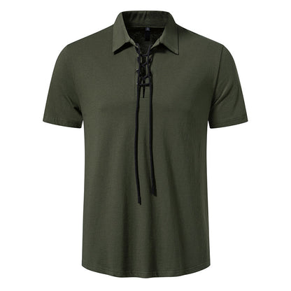 Solid Polo Neck Lace Up Casual Pocket Short Sleeve