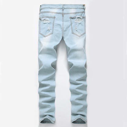 Men's Foreign Trade Light White Blue Big Hole Slim Jeans