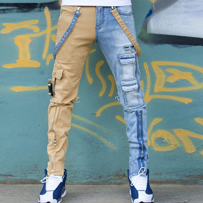 Color Block Wash Jeans Men's Trendy Brand Slim Straight-leg Pants