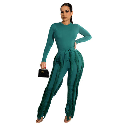 Women's Tassel Lace Jumpsuit Solid Color Sports Two-piece Suit