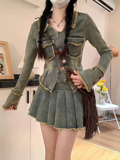 Hot Girl Washed Frayed Hem Denim Short Coat Two-piece Suit