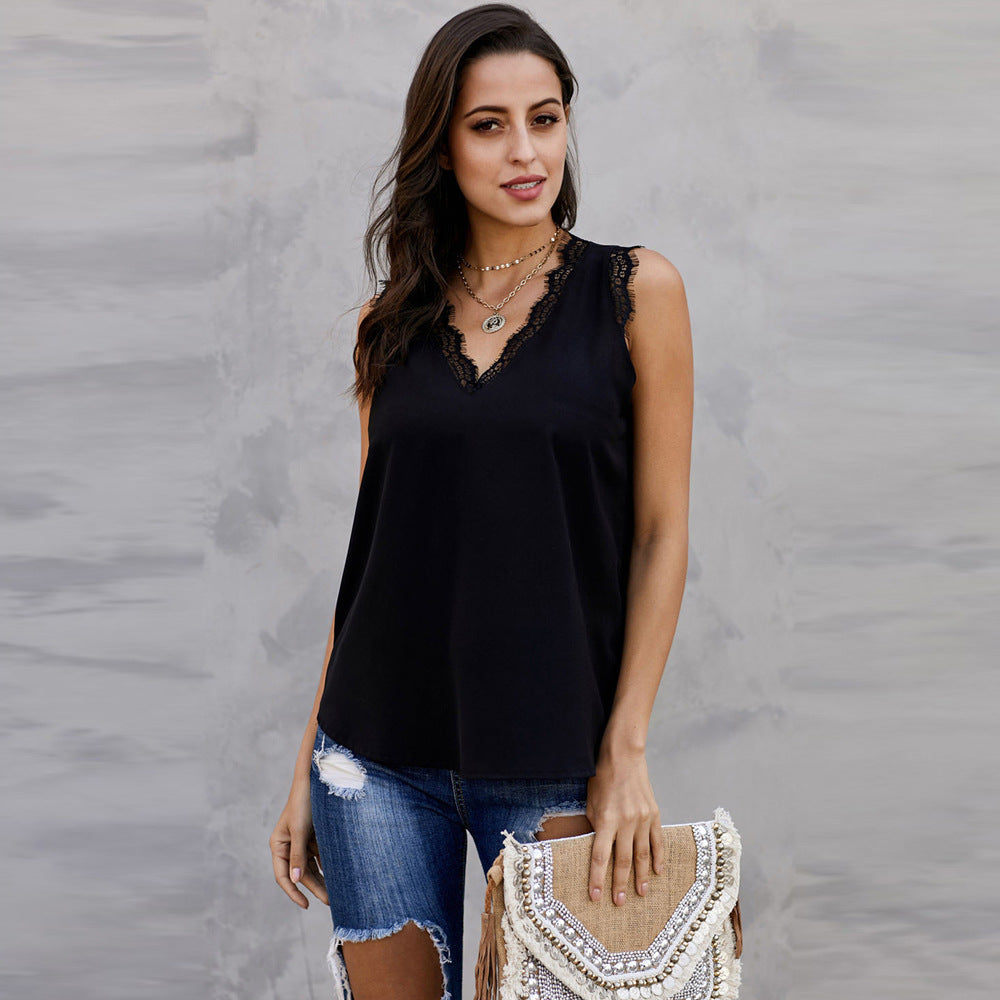 Bottoming Vest T-shirt Women's Summer European And American V-neck Lace Sleeveless Loose Top 253064