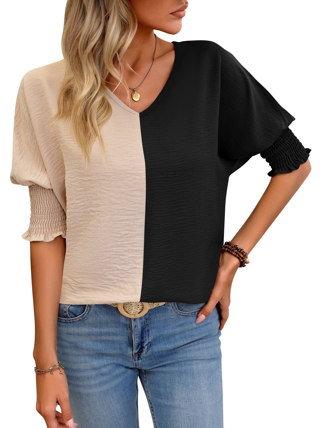 V-neck Loose Smocking Batwing Sleeve Color Matching Top