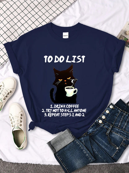 Black Cat To-do List Pattern T-shirt Funny Cat Coffee